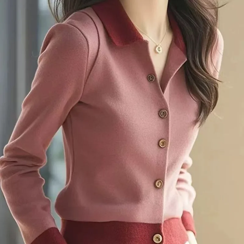 Fashionable Color-blocking Polo Collar Knitted Top Women Autumn Winter New Casual Single-breasted Cardigan Jacket