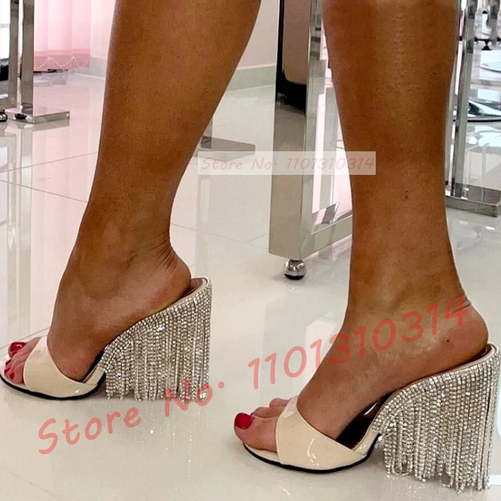 Crystal Tassels High Heels Slippers Women Gorgeous Thin Heel Beige Patent Shoes Female Open Toe Summer Bling Chain Sexy Mules