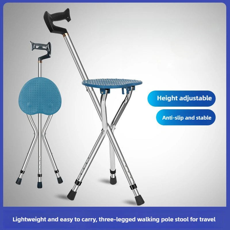 Aluminum Foldable Cane Stool  Anti-Slip Elderly Walking Stick with Night Light  Heavy-Duty Tripod Stool Adjustable Mobility Aid