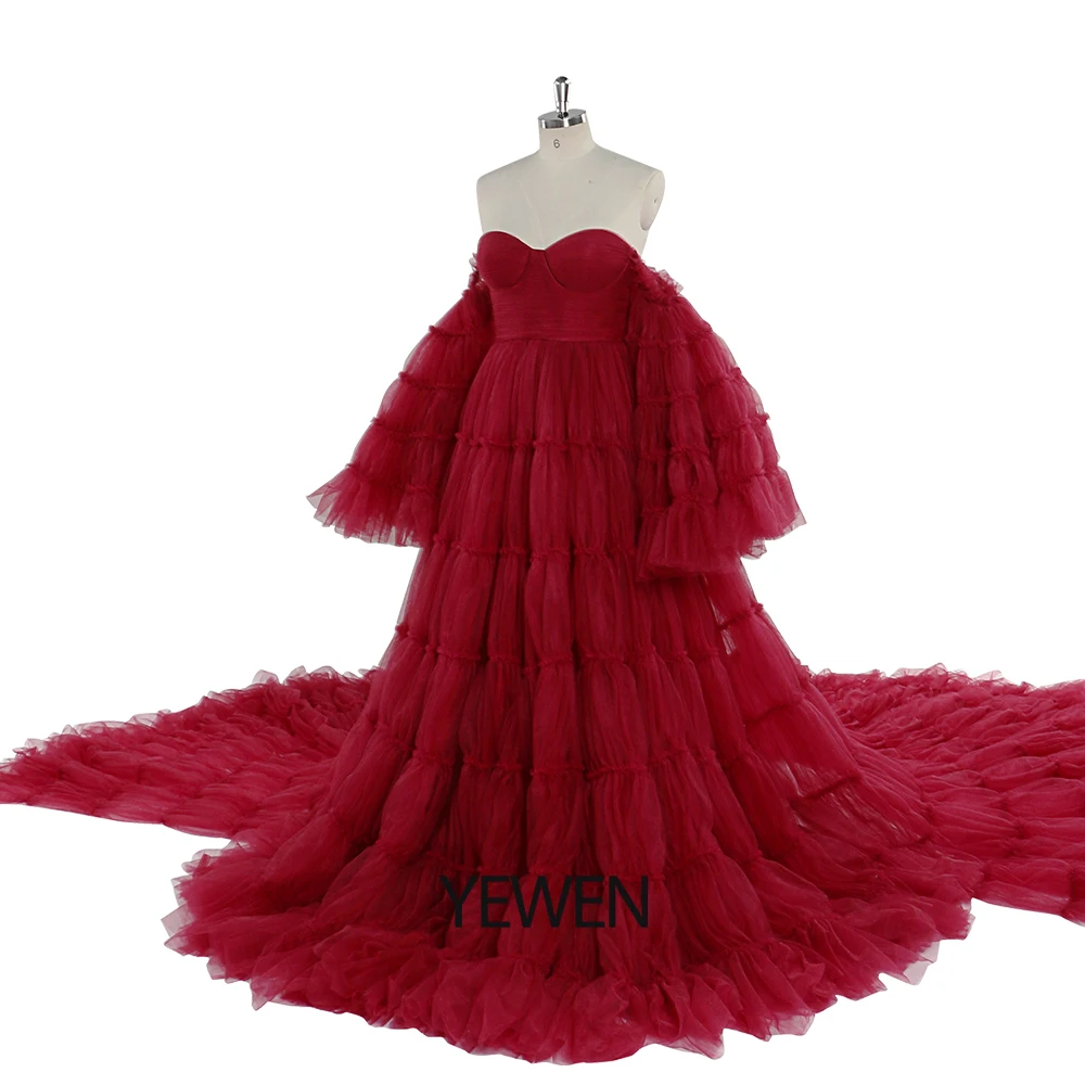 Burgundy Tulle Evening Dress Long Big Skirt Formal Party Gown Fancy Photography Dresses YEWEN YW220825