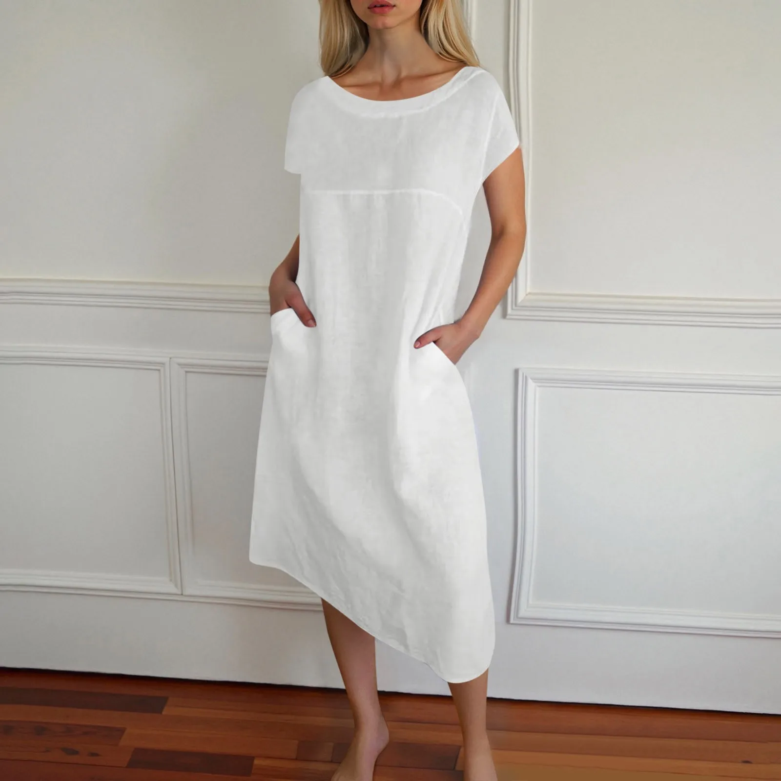 

Women Elegant Solid Maxi Dress 2025 Summer Short Sleeve O Neck Vintage Harajuku Loose Sundress Pockets Long Dress Female