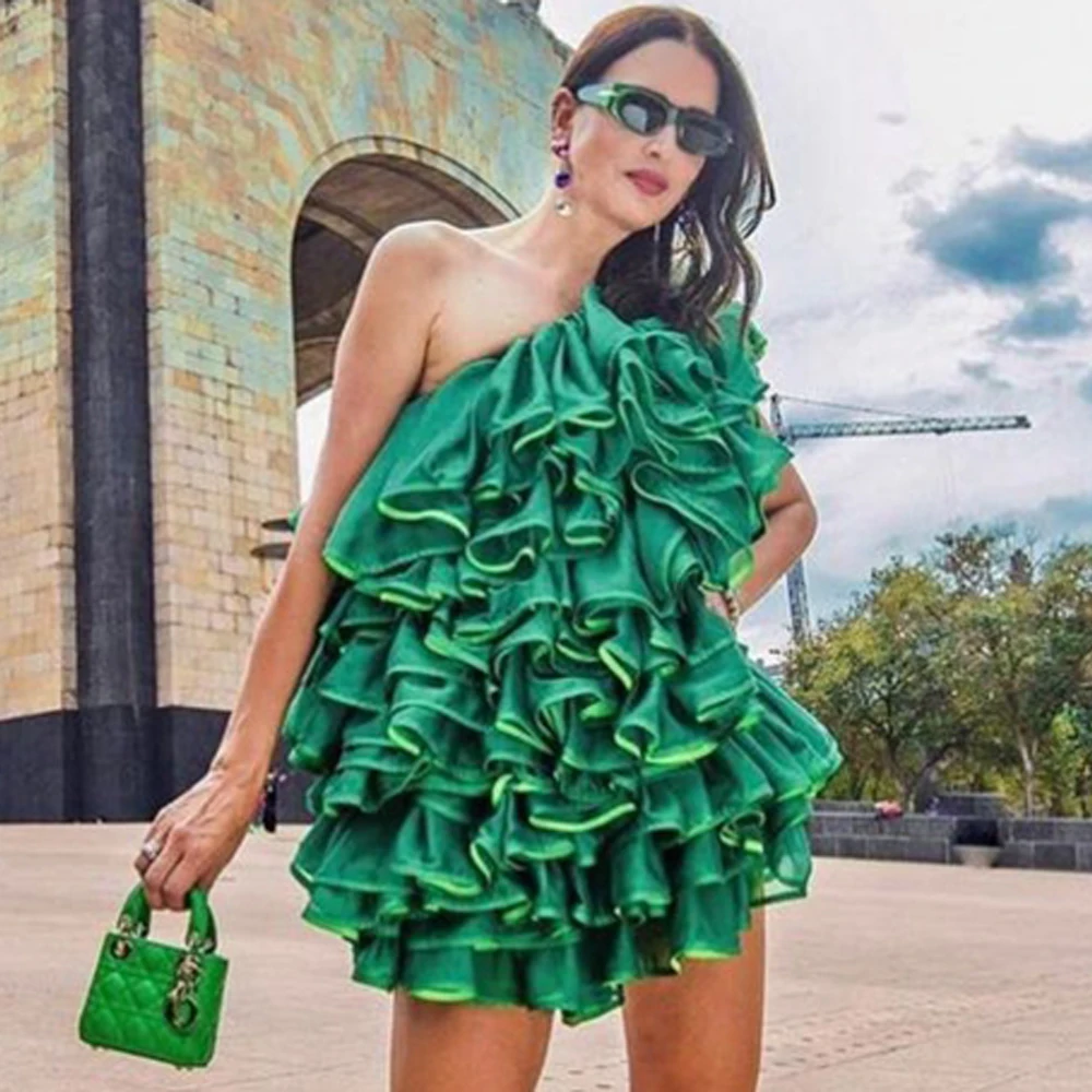 

Off Shoulder Green Ruffled Oeganza Mini Length Party Dress Ruffled Sexy Woman Clothes Ever Pretty Bicolor Cocktail Dresses