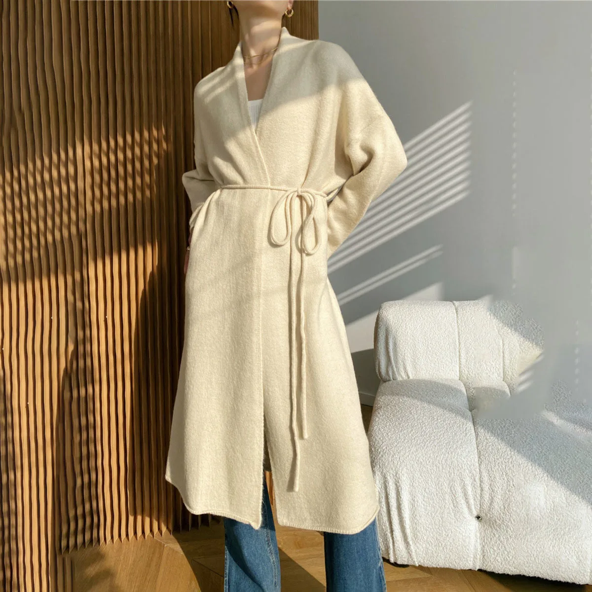 KWTX 2025 New Women's Chic Knit Cardigan Longline V-Neck Belted Waist Solid Color Autumn Winter Cozy Retro Sweater Elegant