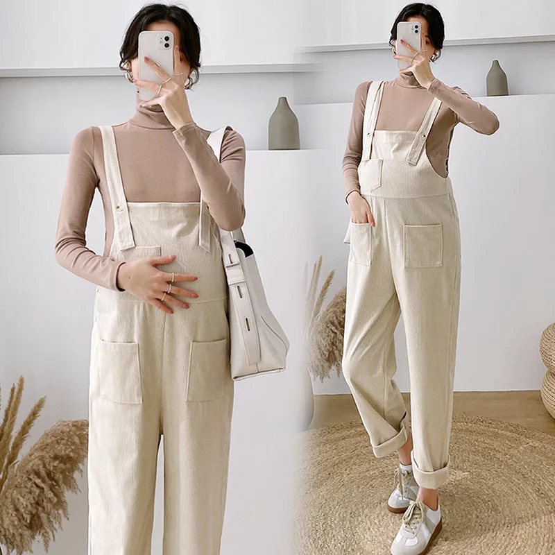 805# Two Pieces Sets Autumn Winter Corduroy Maternity Bib Pants High Neck Shirts Fashion Jumpsuits For Pregnant Women Pregnancy