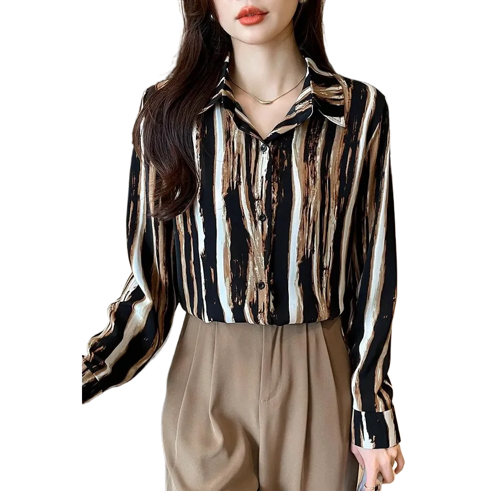 Casual Travel Long Sleeve Women's Shirt Fashion Korean Single Breasted Fabric Black Strips Blouse Top