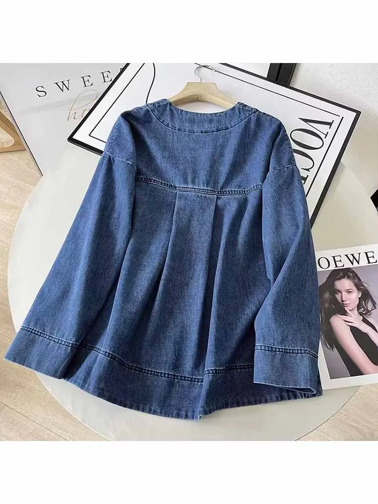 Women New Fashion Pocket Decoration V Neck Button-up Denim Jacket Coat Long Sleeve Female Outerwear Chic Overshirt Versatile