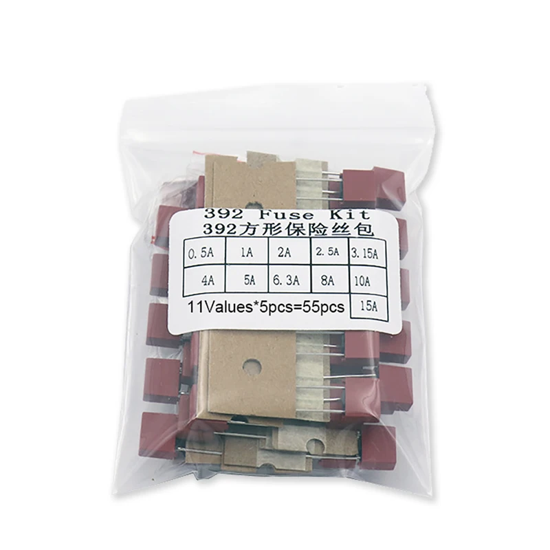55PCS/Set 392 0.5A 1A 2A 2.5A 3.15A 4A 5A 6.3A 8A 10A 15A 250V Square Plastic Fuse Assortment Kit Fuses Slow Blow Tube Fuse Pack