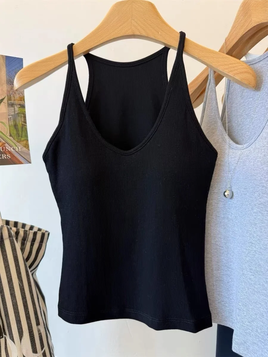 Summer New Women's Sleeveless U-Neck Tank Top 95% Cotton with Chest Pad Large Size Strap Vest Cover Side Breast Inner Wear