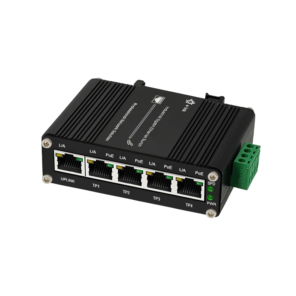 عرض خاص محول إيثرنت صغير صناعي 4-Port 10/100/1000BASE-T 802.3at PoE + 1-Port 10/100/1000T
