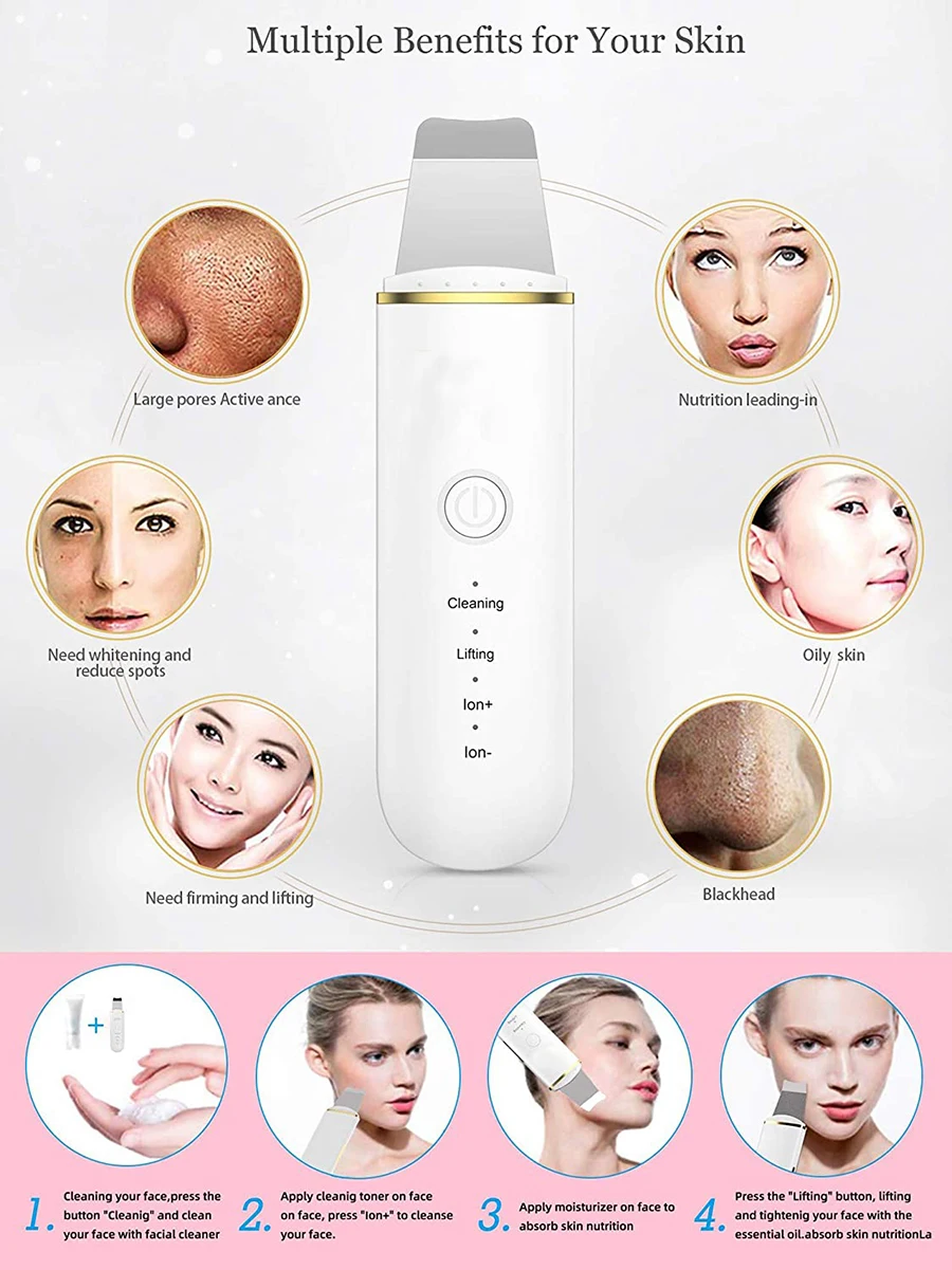 Esfoliante ultrassônico da pele, limpeza da pele do rosto, máquina de limpeza de cravo dos poros e ferramentas de cuidados com a pele para limpeza profunda do rosto