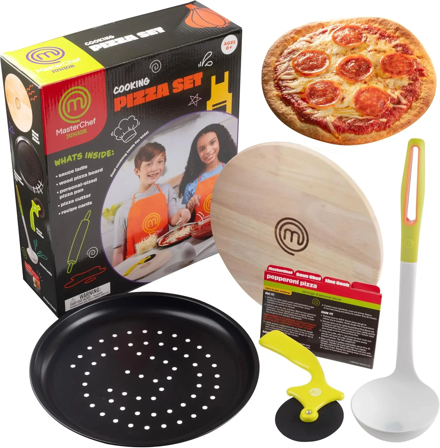 

Pizza Cooking Set - 5 Pc Kit Includes Real Cookware for Kids w Recipes, Board, Roller - Make Homemade Pizza, Birthday Holiday Gi