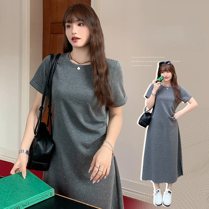 

Rhinestone A-line Midi Dress Plus Size Summer Casual Short Sleeve Split Dress