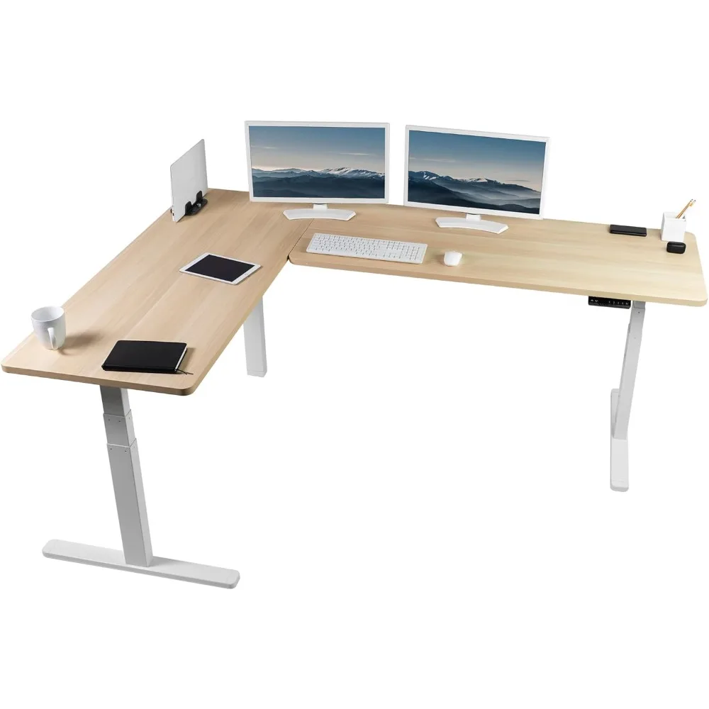 Electric Height Adjustable 83 x 60 inch Corner Stand Up Desk, 2 Light Wood Solid Table Tops, White Frame, Memory Controller