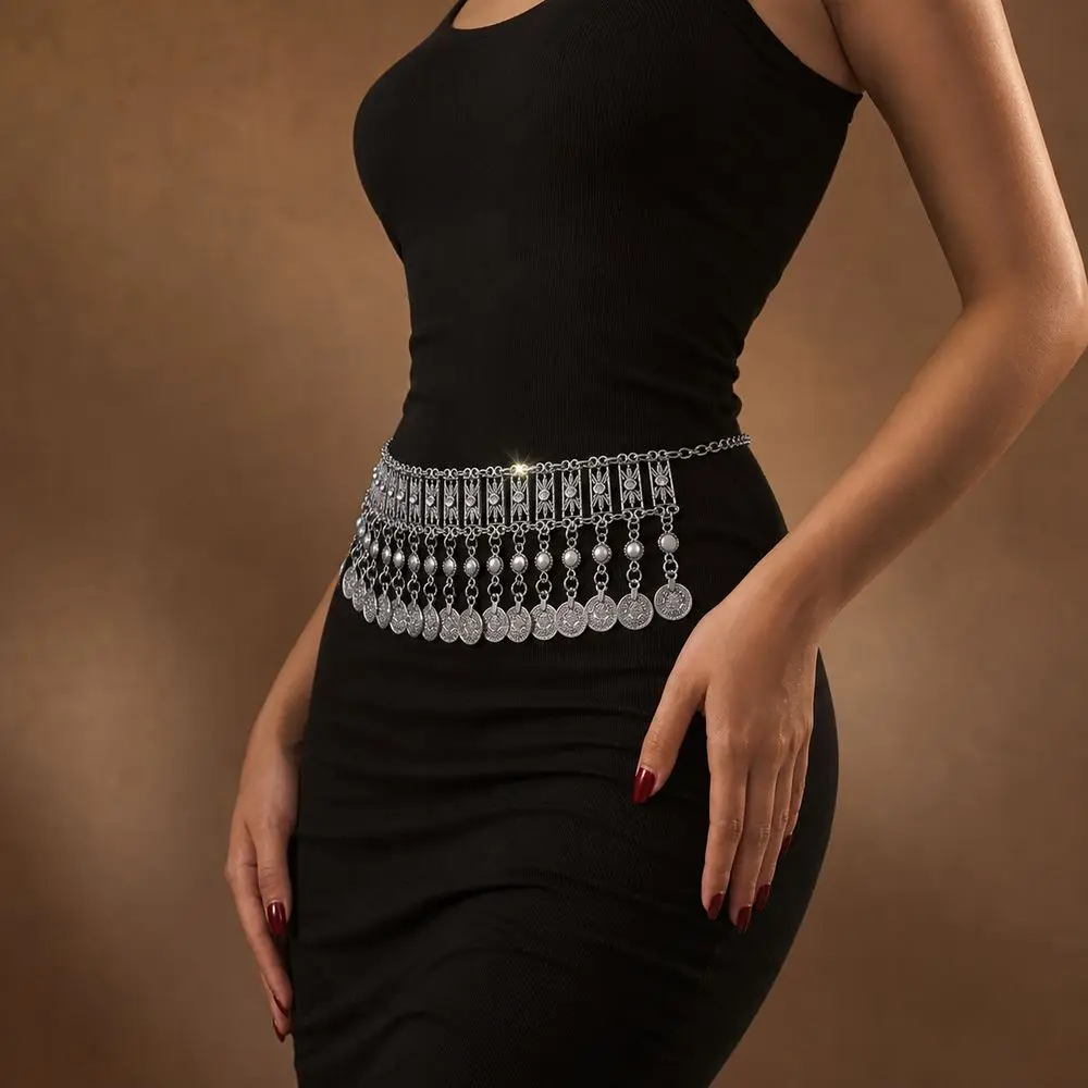 Metal Belly Dance Belt Adjustable Wide Tassel Waist Chain Belt Ethnic Style Coin Tassel Tassel Belt Belly Dance Performance