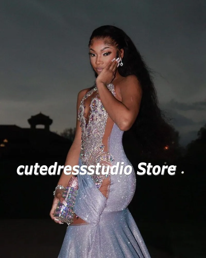 Gliter Mermaid Prom Dresses For Black Girls 2023 Rheinstone Beading African Women Pageant Party Gowns Vestido De Graduación