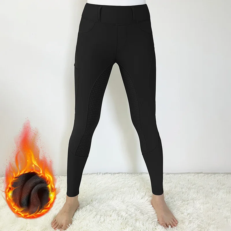 Winter Warm Equestrian Pants Women Black Horse Breeches Plus Velvet Equestrian Tights Non-Slip Full All Silicone Riding Leggings