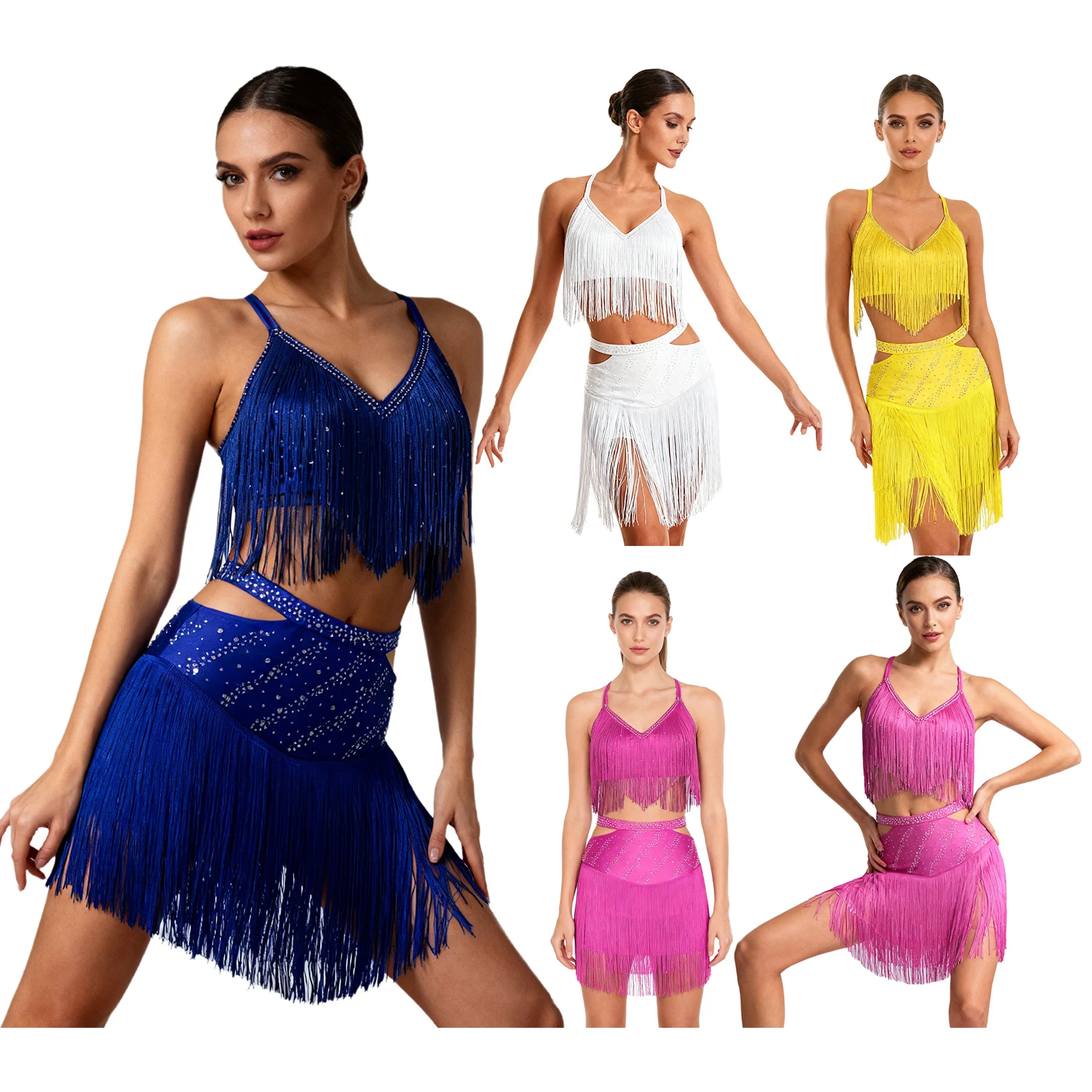 ชุดเต้นแทงโก้ลาตินสำหรับผู้หญิง ประดับพู่ แขนกุด ประดับคริสตัล สายไขว้หลัง เสื้อครอป + กระโปรง สำหรับเต้นบอลรูม ชาช่า และการแสดงสเก็ต