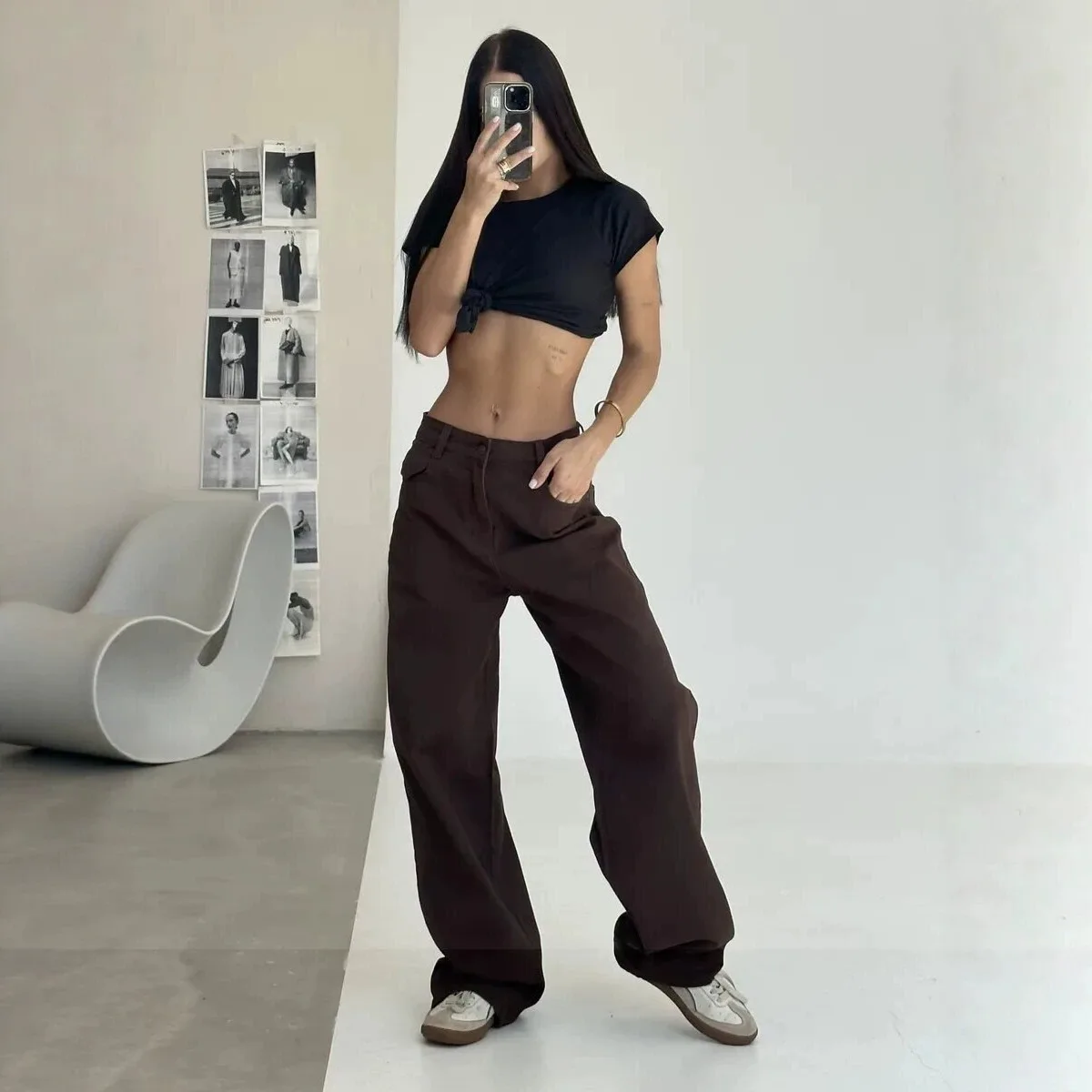 Vintage Brown Women Wide Leg Jeans Y2K Fall High Waist Streetwear Loose Denim Pants Ladies Harajuku All-Match Straight Trousers