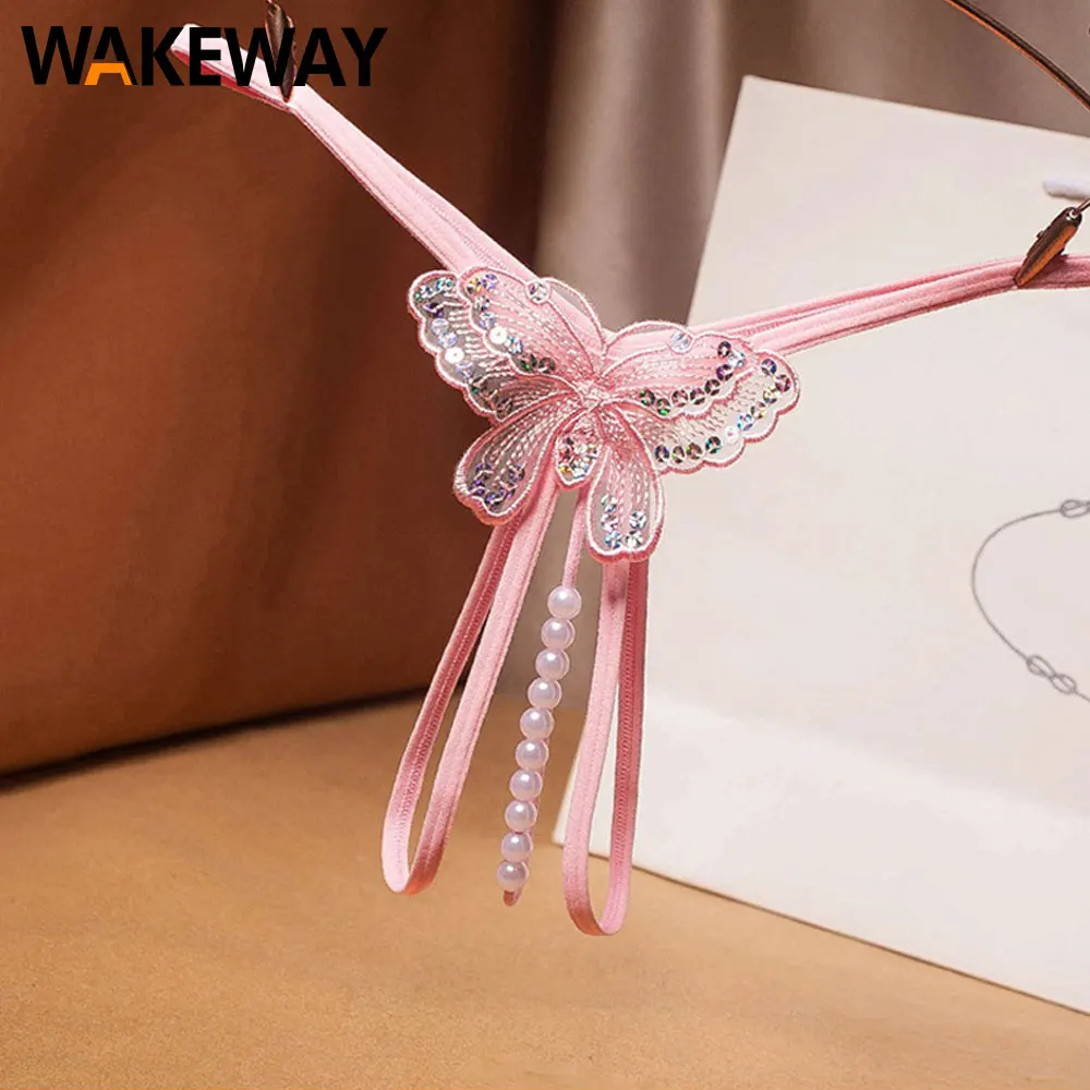 WAKEWAY المرأة مثير مطرز ندف ملف مفتوح الملابس الداخلية مثير فراشة الملابس الداخلية الترتر تدليك T على شكل ثونغ