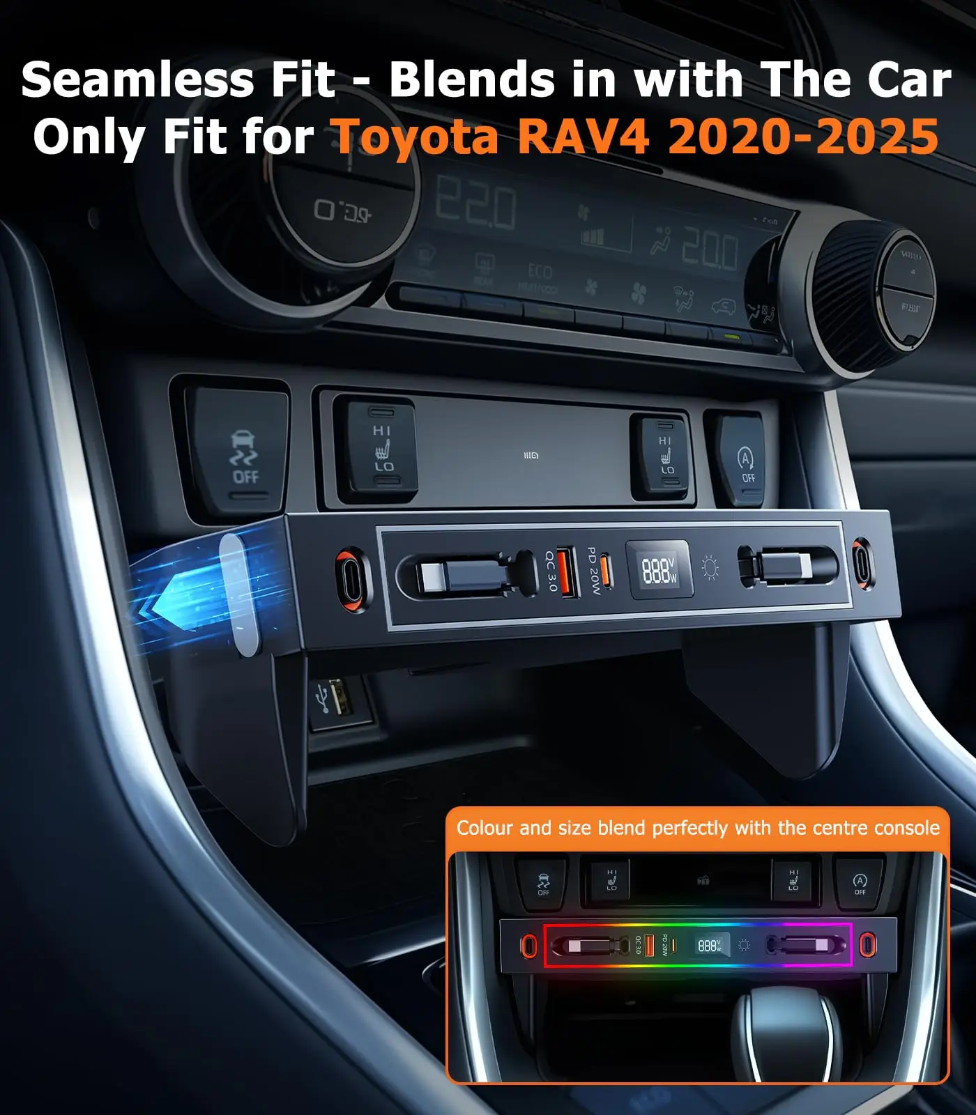 

Hipacool для Toyota RAV4 2025-2020, автомобильное зарядное устройство, USB-концентратор с RGB-подсветкой, 4-портовая выдвижная док-станция, зарядное устройство для центральной консоли