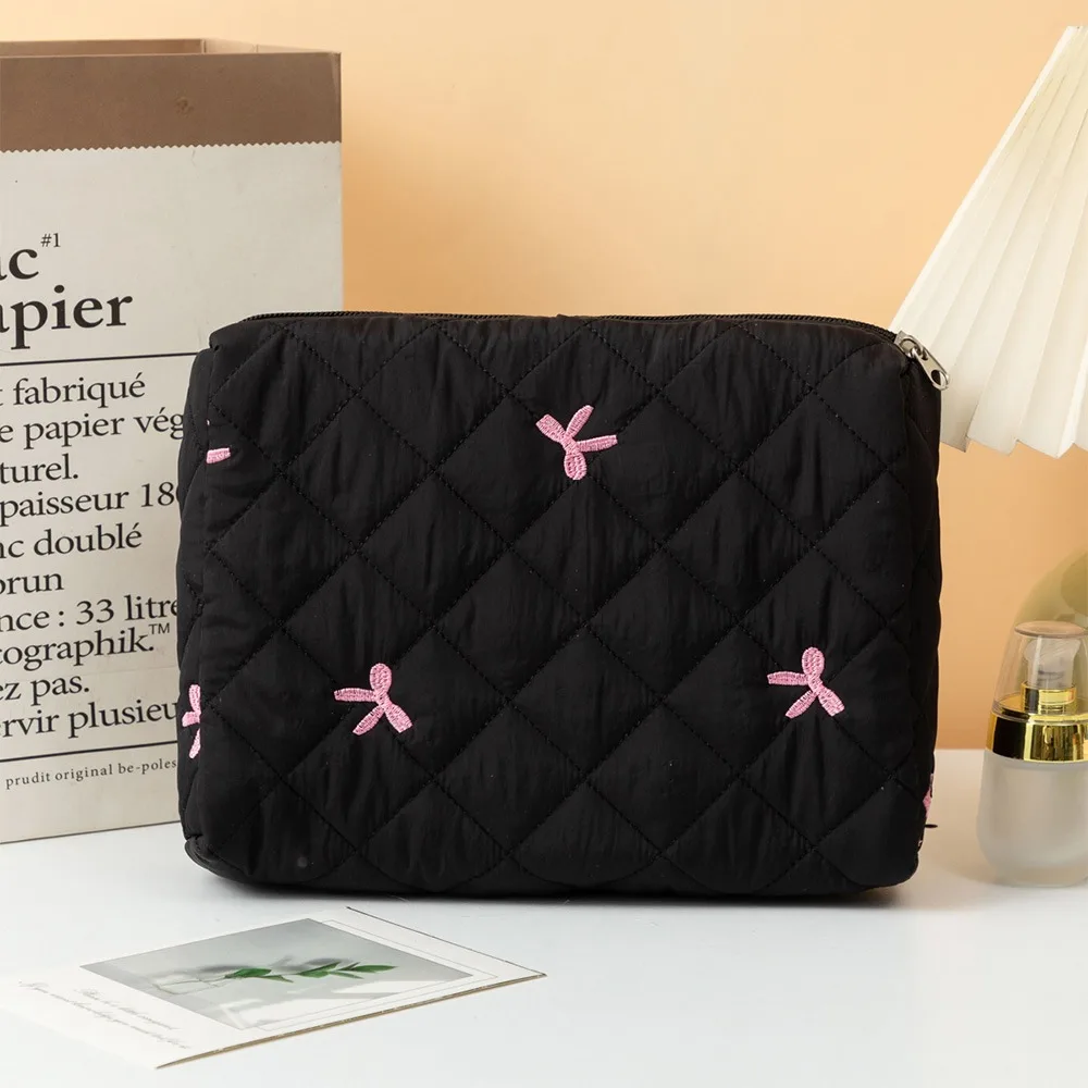 Cute Quilted Bow Makeup Bag Portable Zipper Women's Clutch Bag Organizer Pouch for Women