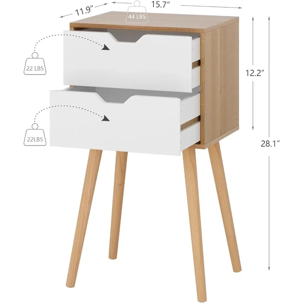 Nightstands Set of 2, Night Stand with Drawers, Bedside Tables with Solid Wood Legs and Large Storage Space for Bedroom