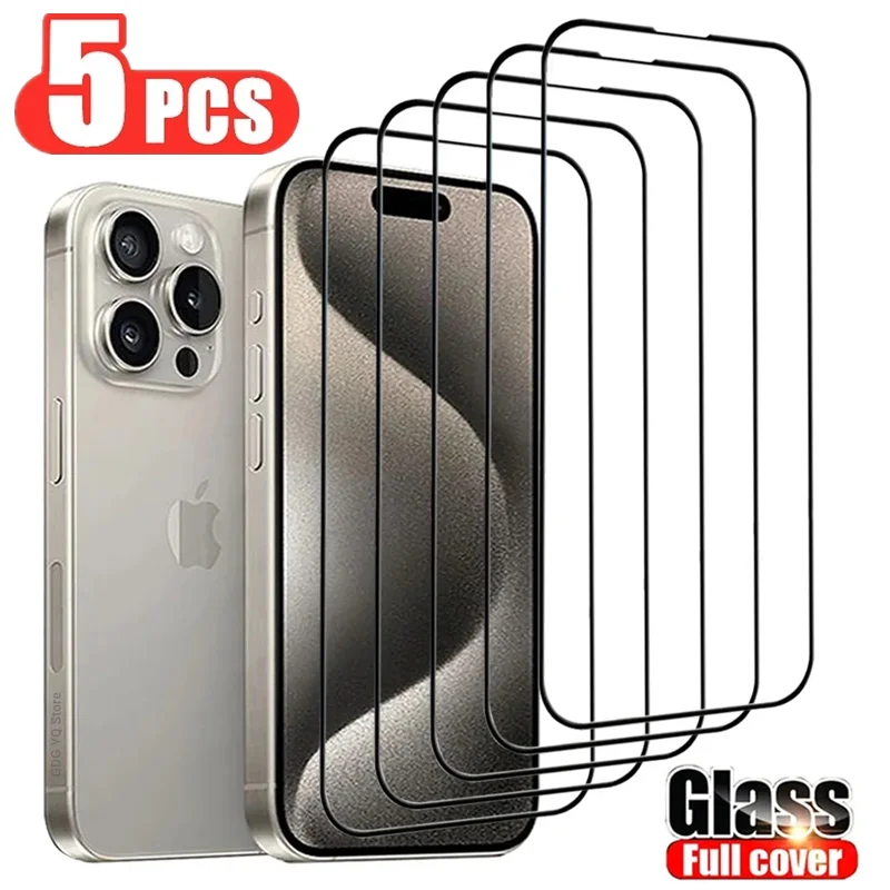 5Pcs Tempered Glass For iPhone 15 11 12 13 14 Pro Max 14 15 Plus Full Cover Screen Protector For iPhone 13 Mini X XR XS MAX