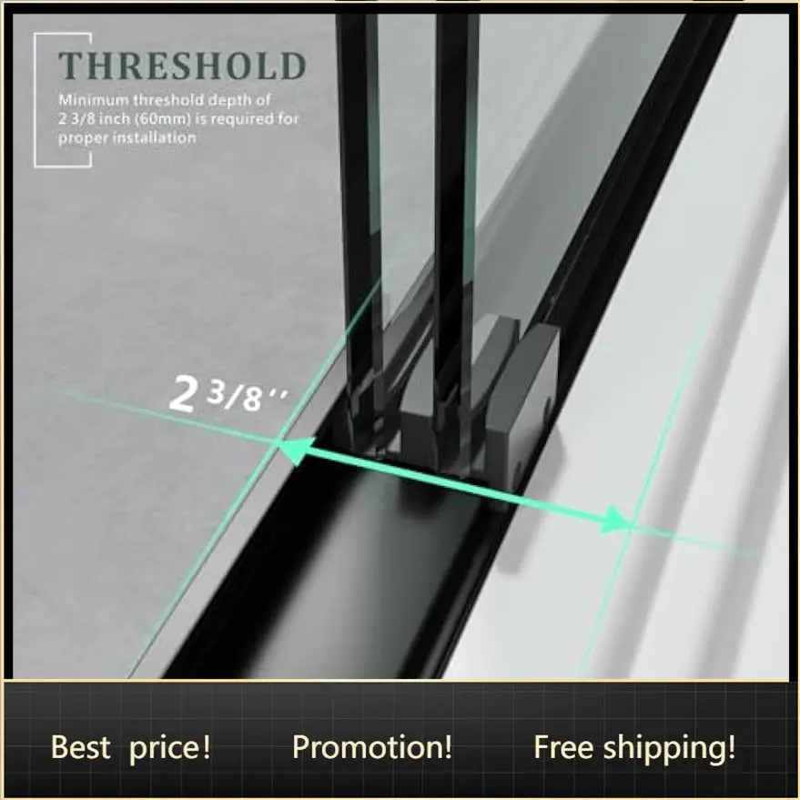 Walk In Sliding Bathroom Door Tempered Glass Semi Frameless Black Reversible Silent Glide