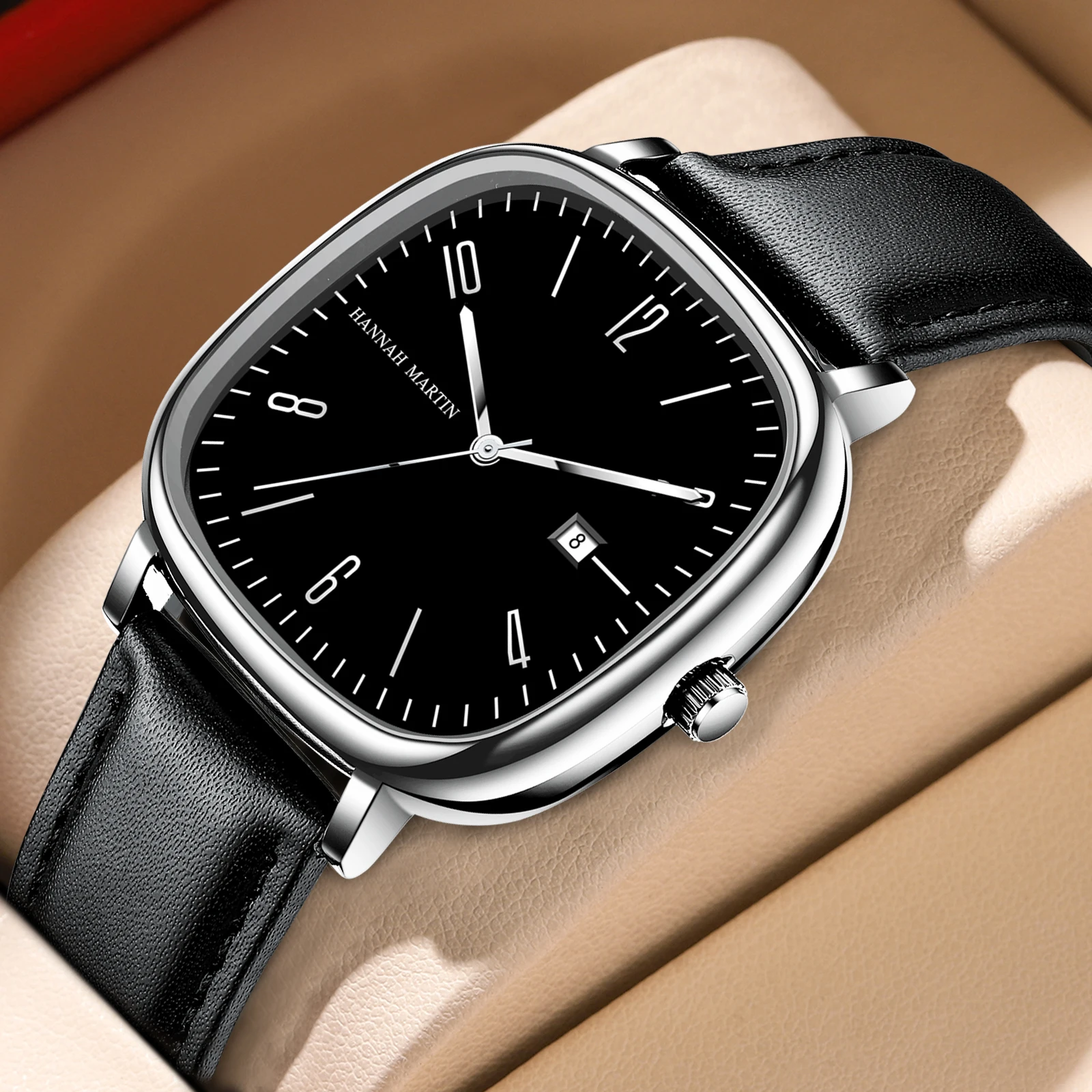 ساعة هانا مارتن للرجال 3Bar مقاومة للماء من الجلد الأسود المربع بحركة كوارتز ساعة عمل كاجوال دروبشيبينغ