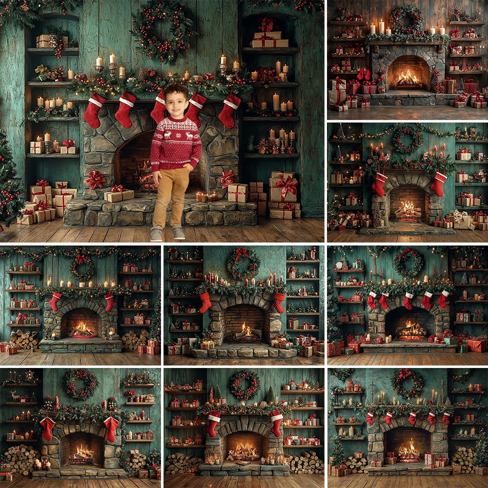 Christmas Room Photography Background Fireplace Xmas Tree Holiday Decoration Backdrop Family Photo Studio Props Supplies