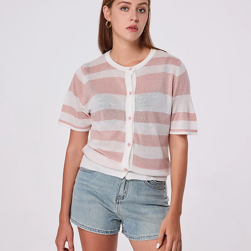 

Women Short Sleeve Thin Knit Top O Neck T shirt Knitted Casual Tops Summer Women's T-Shirt Y2K Vintage Top Striped Cute Tops