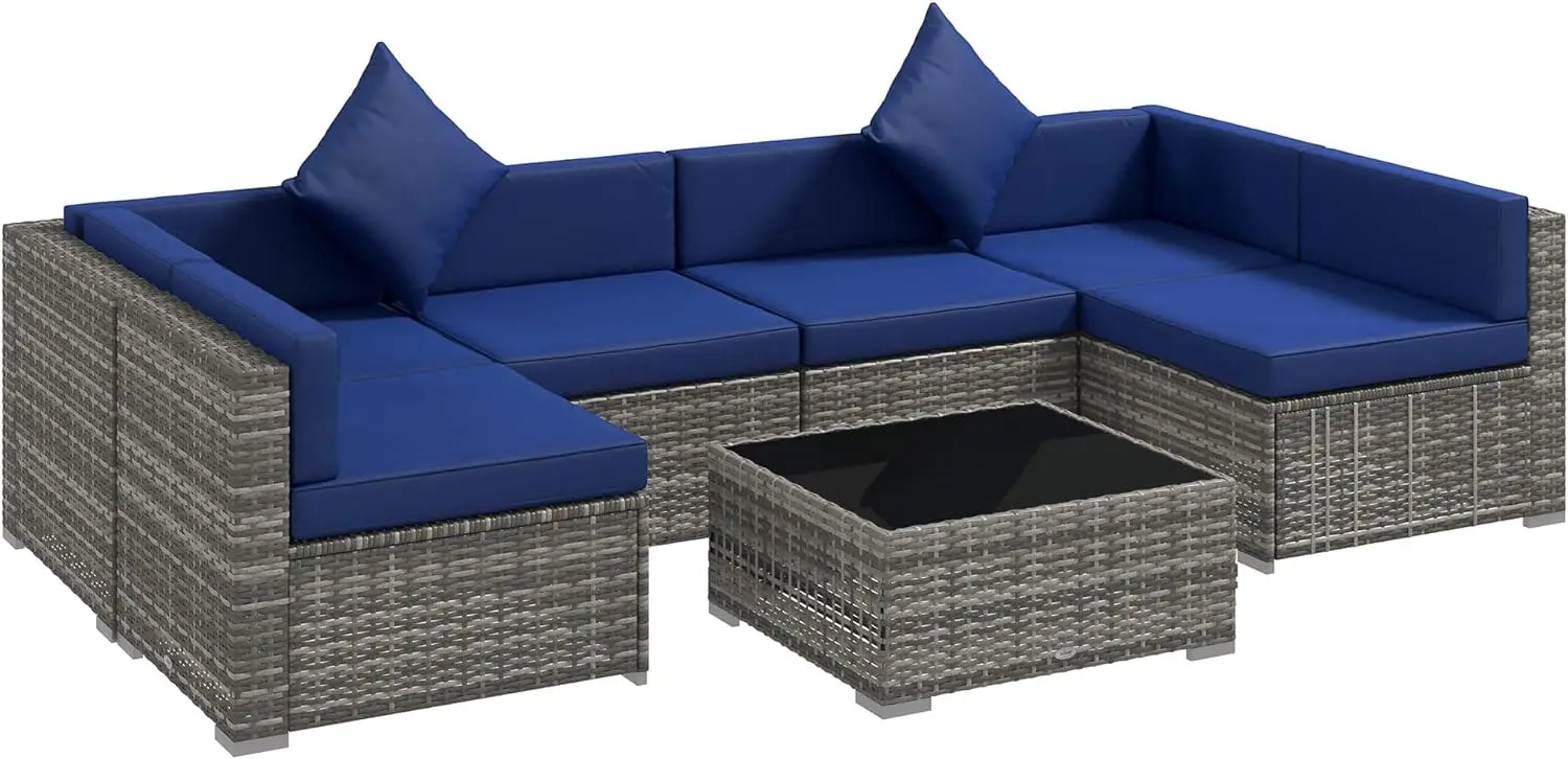 PE Rattan Sofá Seccional Set com Almofadas e Vidro Temperado Top, Mobiliário Pátio Set, Mesa de Café, Todos os Tempos, 7 Pcs