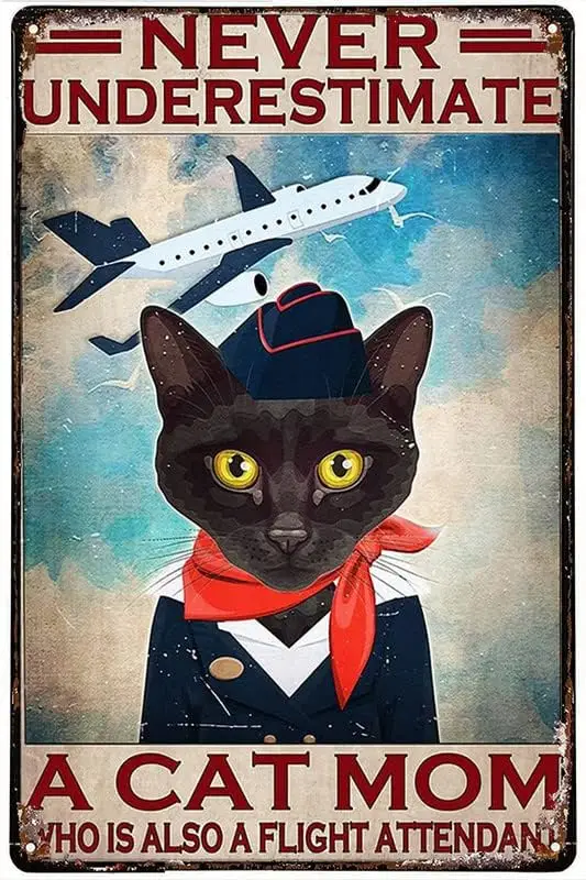 Funny Metal Tin Sign Never Underestimate A Cat Mom Who Also Is Flight Attendant Retro Metal Tin Sign Vintage Sign Outdoor Indoor