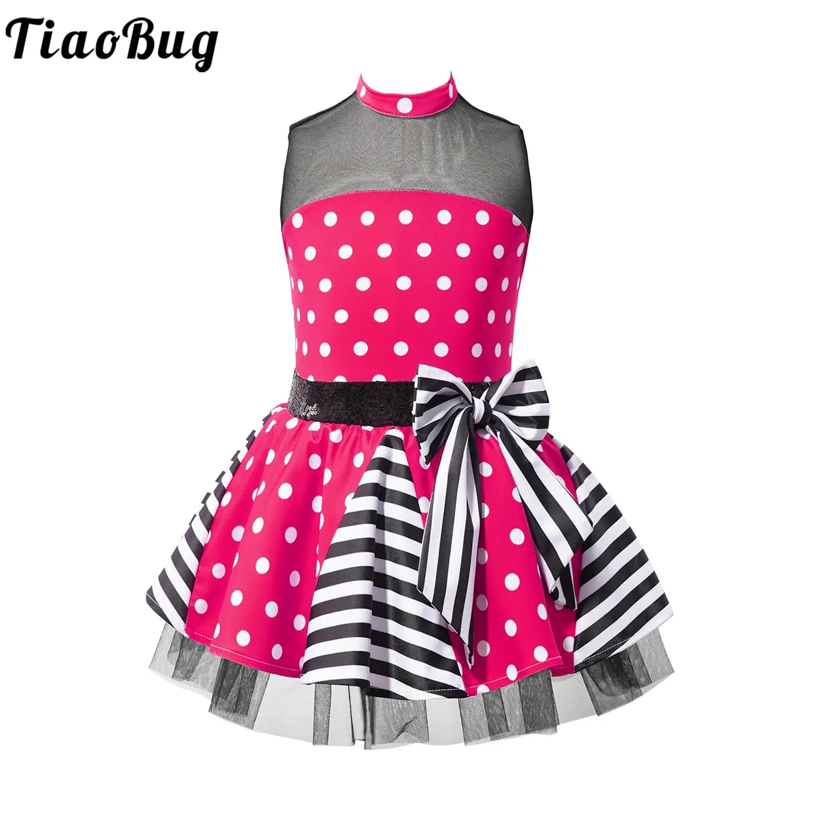 

Kids Girls Mesh Tutu Dresses Ballet Ballerina Dancing Performance Costumes Sleeveless Polka Dots Print Leotards Party Dress