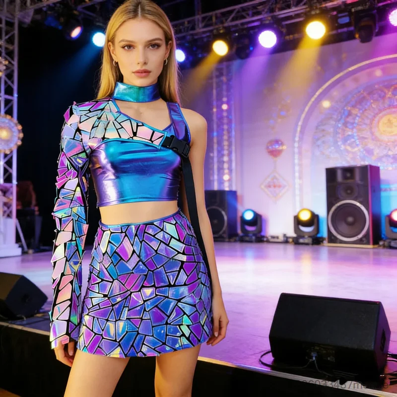 Women Sexy Mirror Dance Costume Iridescent Sequined Crop Top Skirt Multiple Colors Stage Performance Outfit Nightclub DJ Show