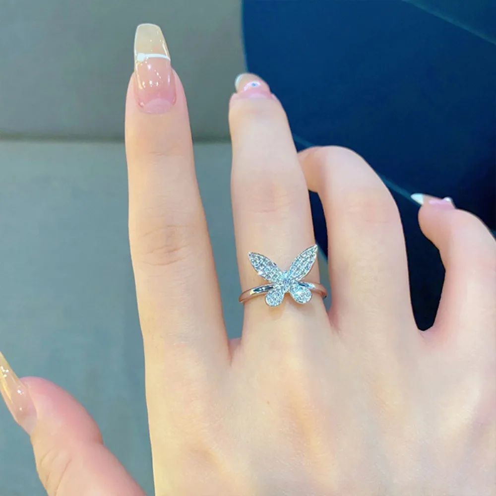 Korean Romantic Silver Color Butterfly Inlaid Horse Eye 5A Zircon Rings for Women Cute Valentine's Day Stainless Steel Jewelry