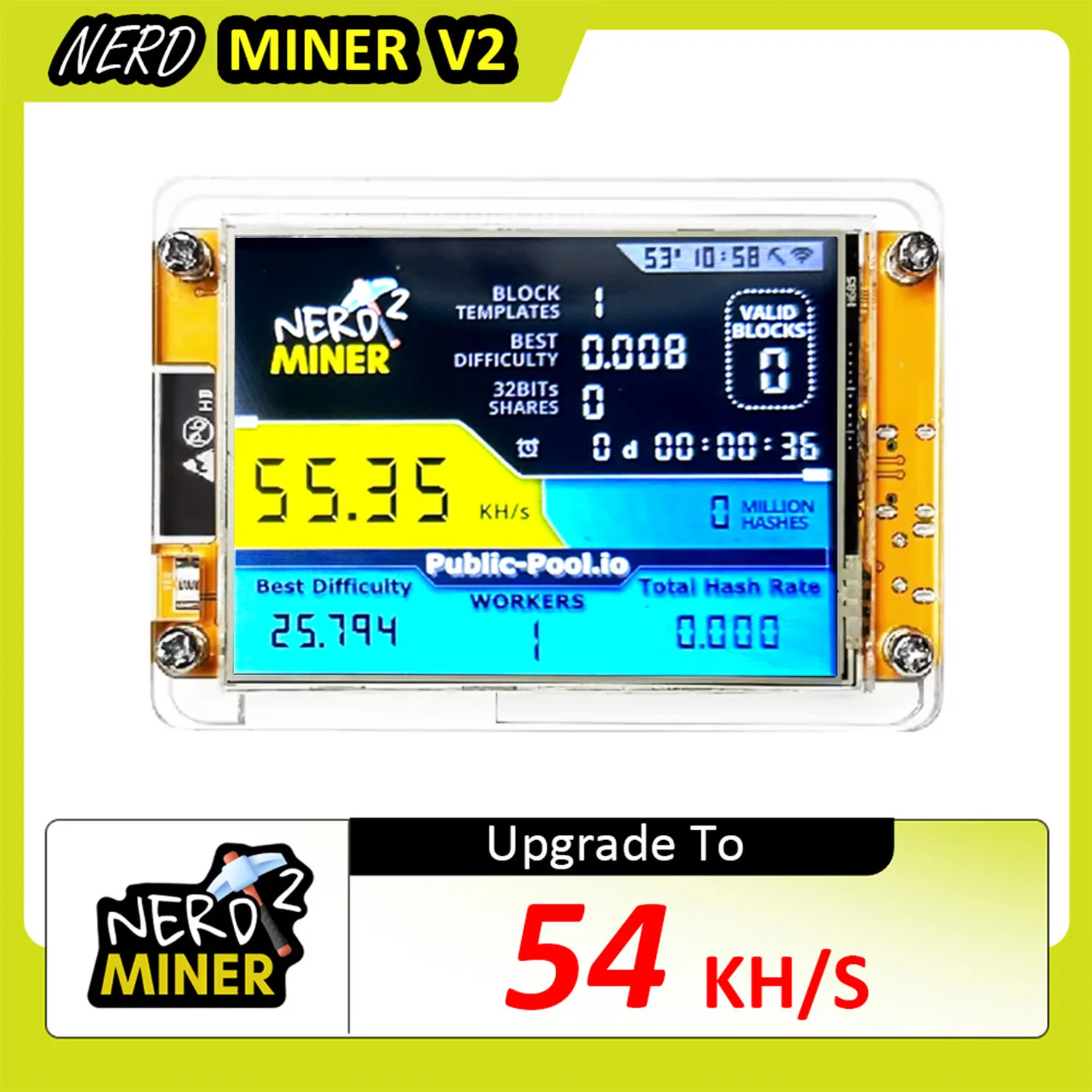 NerdMiner V2 ハッシュレート、スマート ディスプレイ、暗号ソロ、宝くじ、Nerd Miner、ビットコイン マイナー ESP32-2432S028R、49 k/S、2.8 インチ
