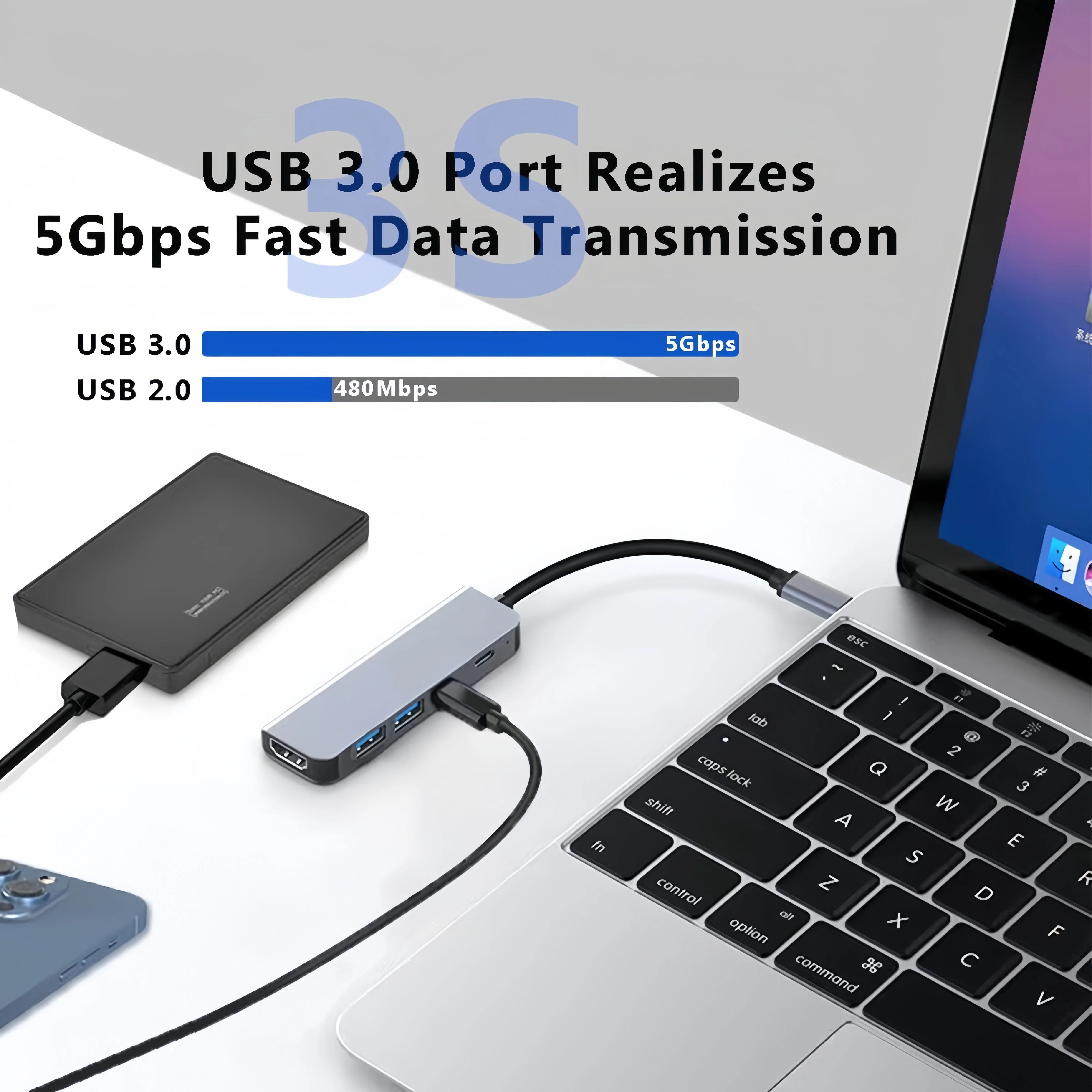 Adaptateur HDMI Hub USB C 5 en 1, 10 pièces, avec HDMI 4K, 3 USB 3.0, USB-C PD, charge rapide pour MacBook Pro/Air, Dell XPS