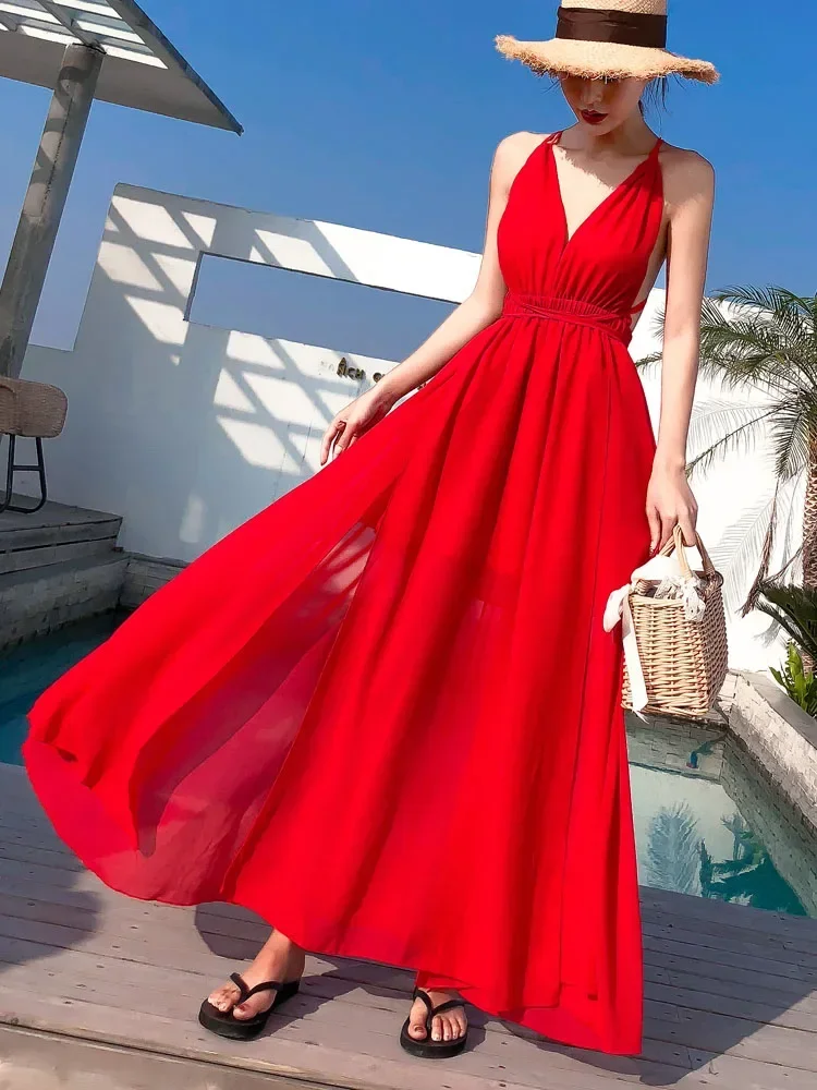Summer Women\'s Party Dress Seaside Holiday Pure Color Halter Neck Strap Halter Strap Dress New Beach Female Dresses FC090