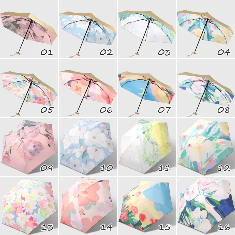 Mini Pocket Rain Umbrellas Oil Painting Printed Umbrella Travel Sun Umbrella Lightweight Windproof Portable 6-Folding Parasol