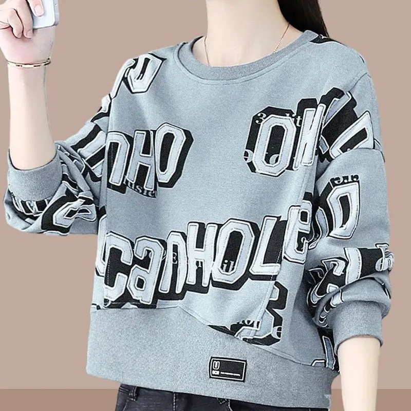 Autumn Winter Casual All-match Letter Printed Short Sweatshirts Korean Loose Long Sleeve O-Neck Pullovers Female Clothing 2023