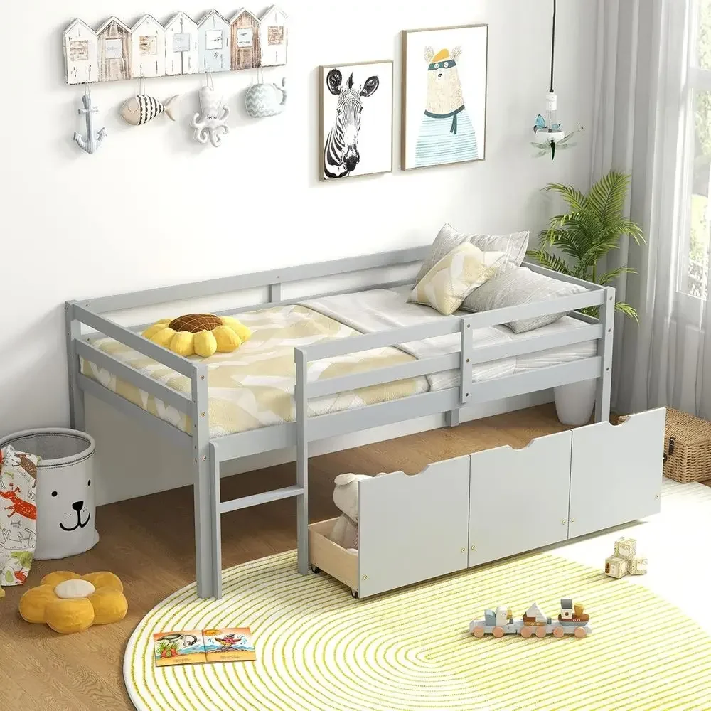 Low Loft Bed with 3 Drawers, Wooden Platform, Safety Rail & Ladder, Suitable for Boys, Girls & Juniors, Grey, No Box Spring Need