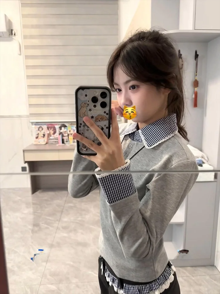 

Miu Plaid Long Sve Ne Slim Fit T-irt Women's Spring Base Layer Top False Two-Piece Design Korean Sle Commute