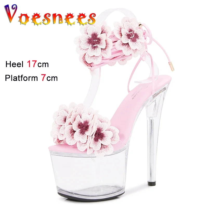 Crystal Women Sandals 17cm Thin Heels Ankle Strap Summer High Heels  Sexy Party Shoes For Women Handmade Flowers Modern Sandals