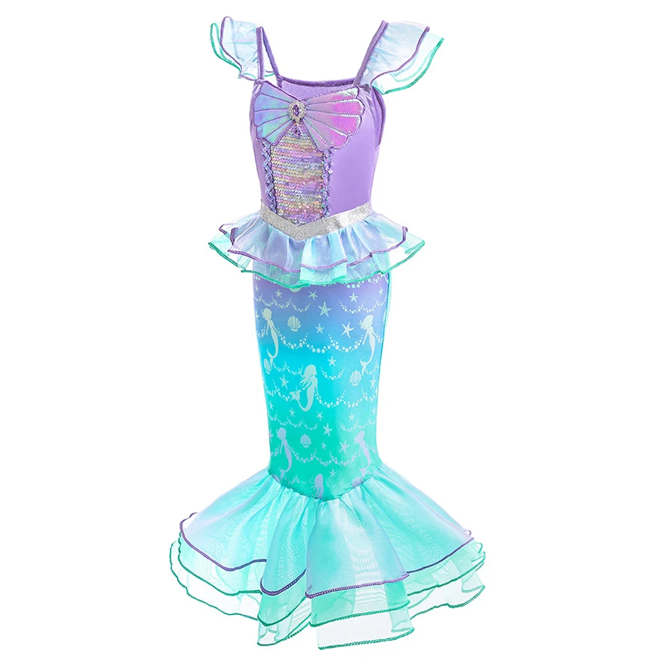 Disney-Pequena Sereia Ariel princesa fantasia para crianças, desenho animado estampado para meninas, vestido cosplay para crianças, carnaval, festa de aniversário, Halloween