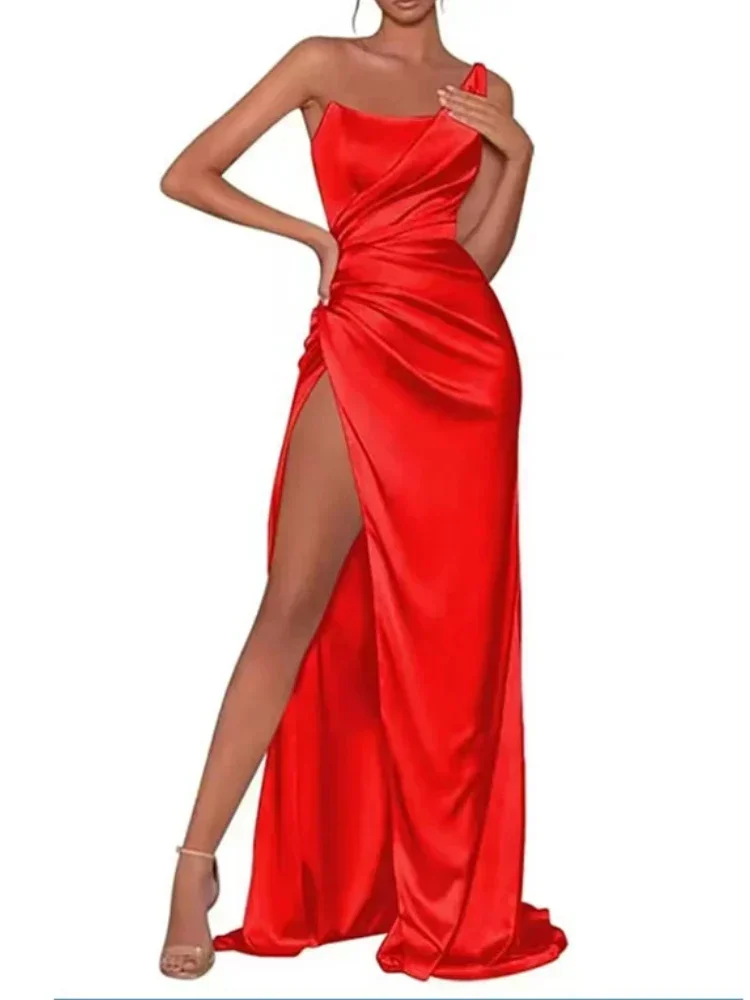 Customized One Shoulder Temperament Cross Pleated Evening Dress Sexy Strapless High Split Design Floor Length Vestidos Simple So