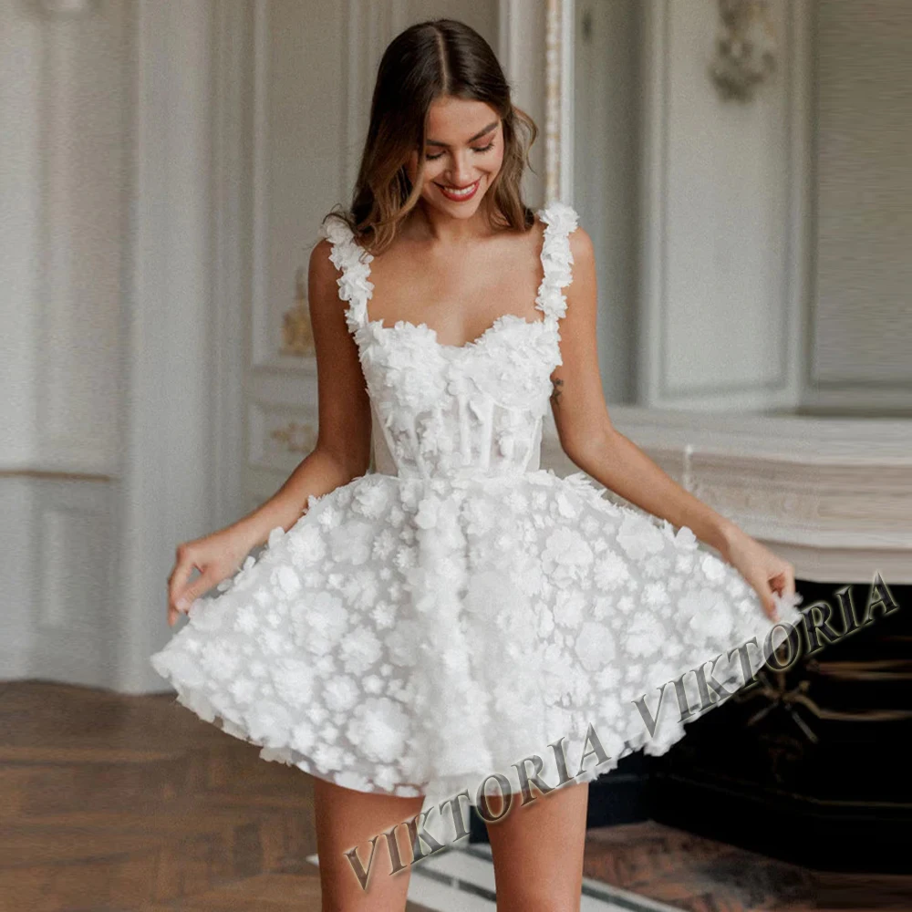 VIKTORIA Attractive Mini Wedding Dresses For Woman Bride A-line 3D Flower Appliques Above Knee Robe De Mariée Drop Shipping