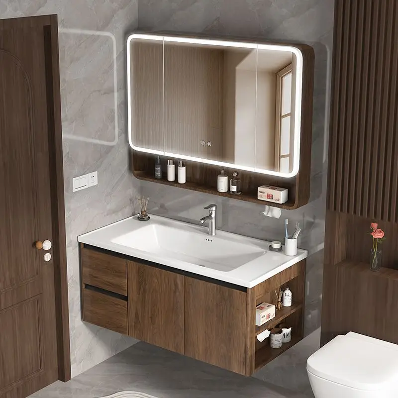 

New Chinese walnut color double drawer thickened honeycomb aluminum alloy bathroom cabinet combination ceramic washbasin