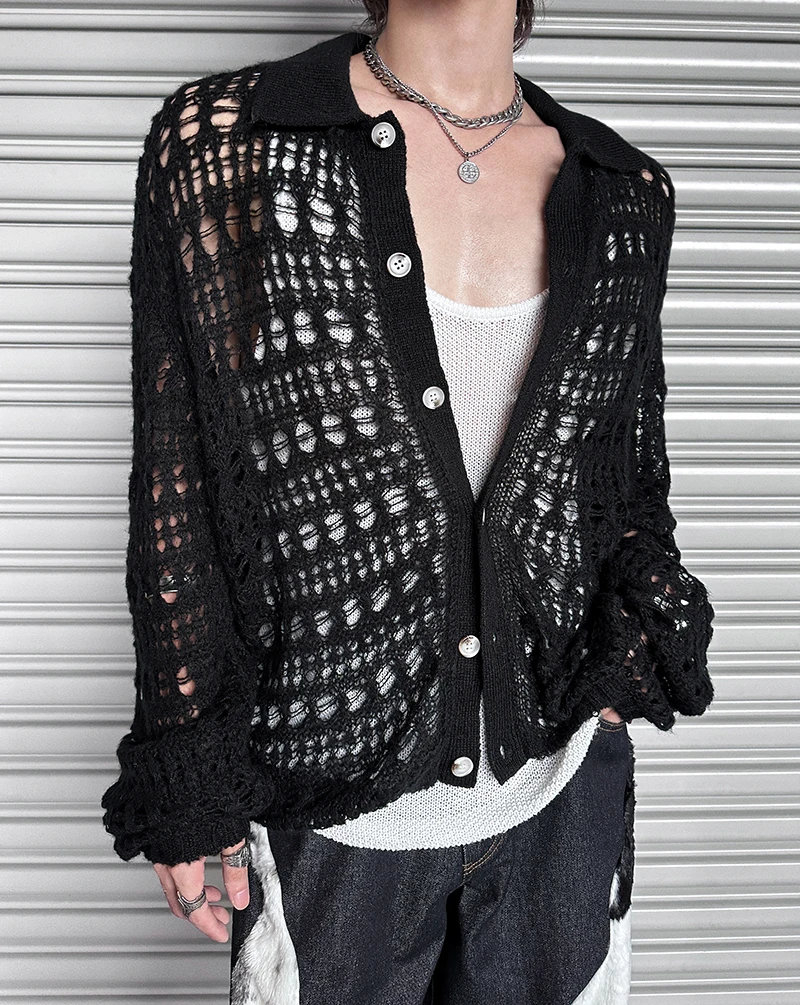 Men's Trendy Hollow Out Cardigan Sweaters Men's 2025 Autumn Winter New Versatile Knitted Tops Handsome Personality Knitwears