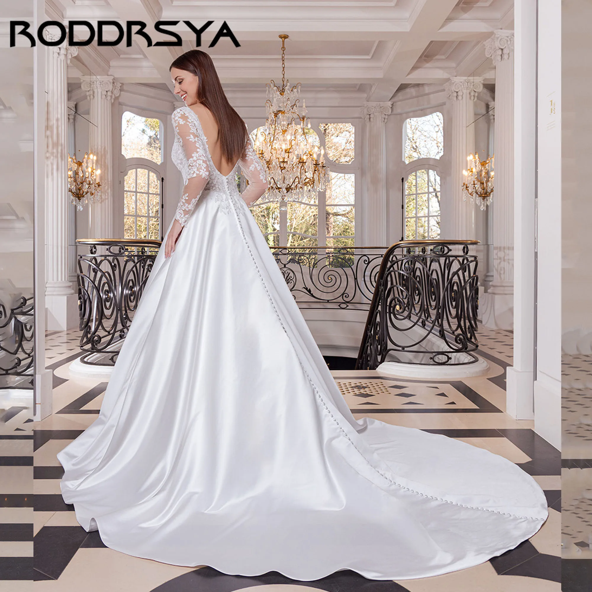 RODDRSYA атласное свадебное платье с длинными рукавами и аппликацией, классическое свадебное платье с v-образным вырезом, трапециевидное платье без рукавов, платье de novia 2021, по индивидуальному заказу